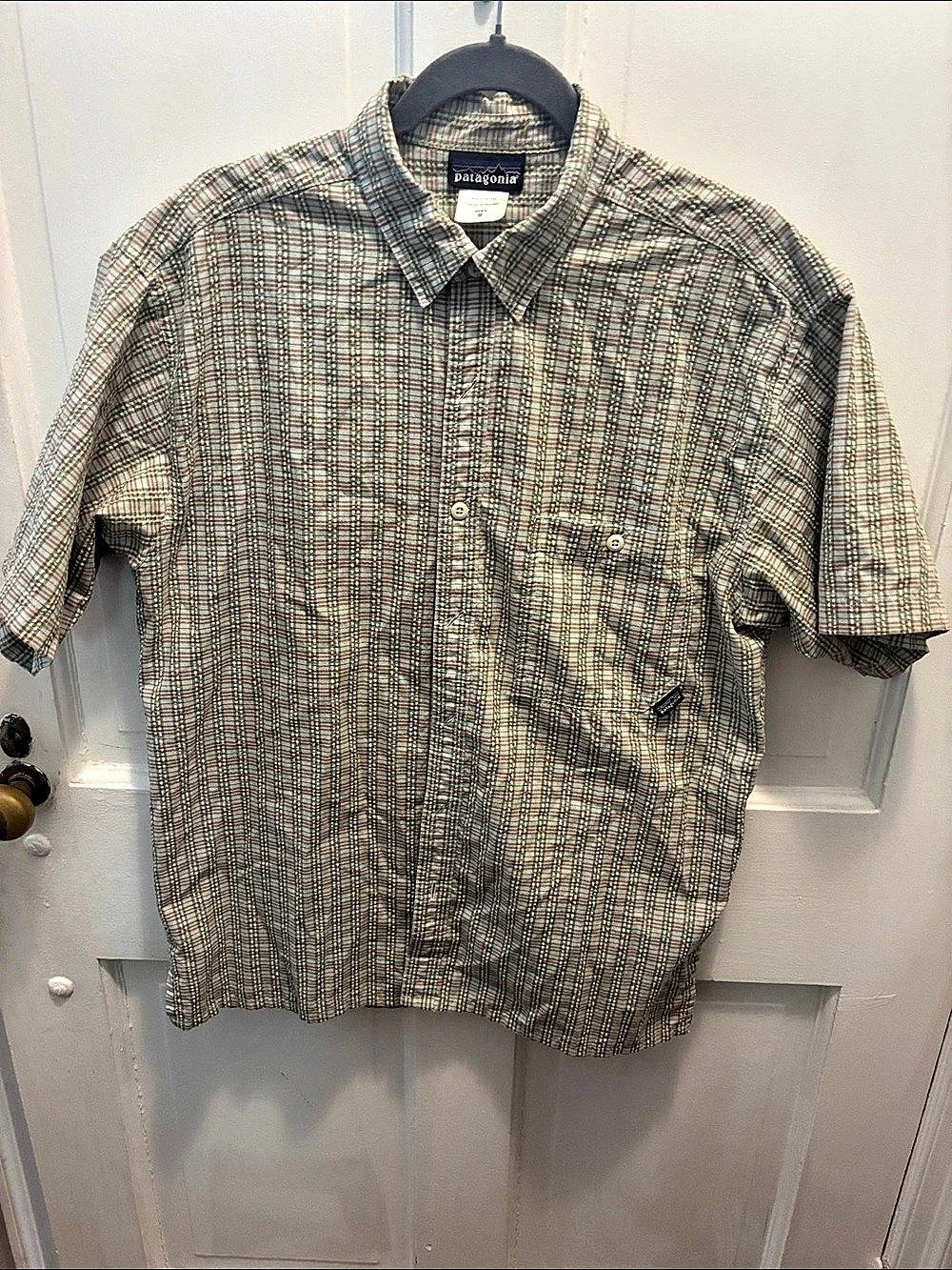 Patagonia Seer Sucker Plaid Short Sleeve Shirt Size Large Like New